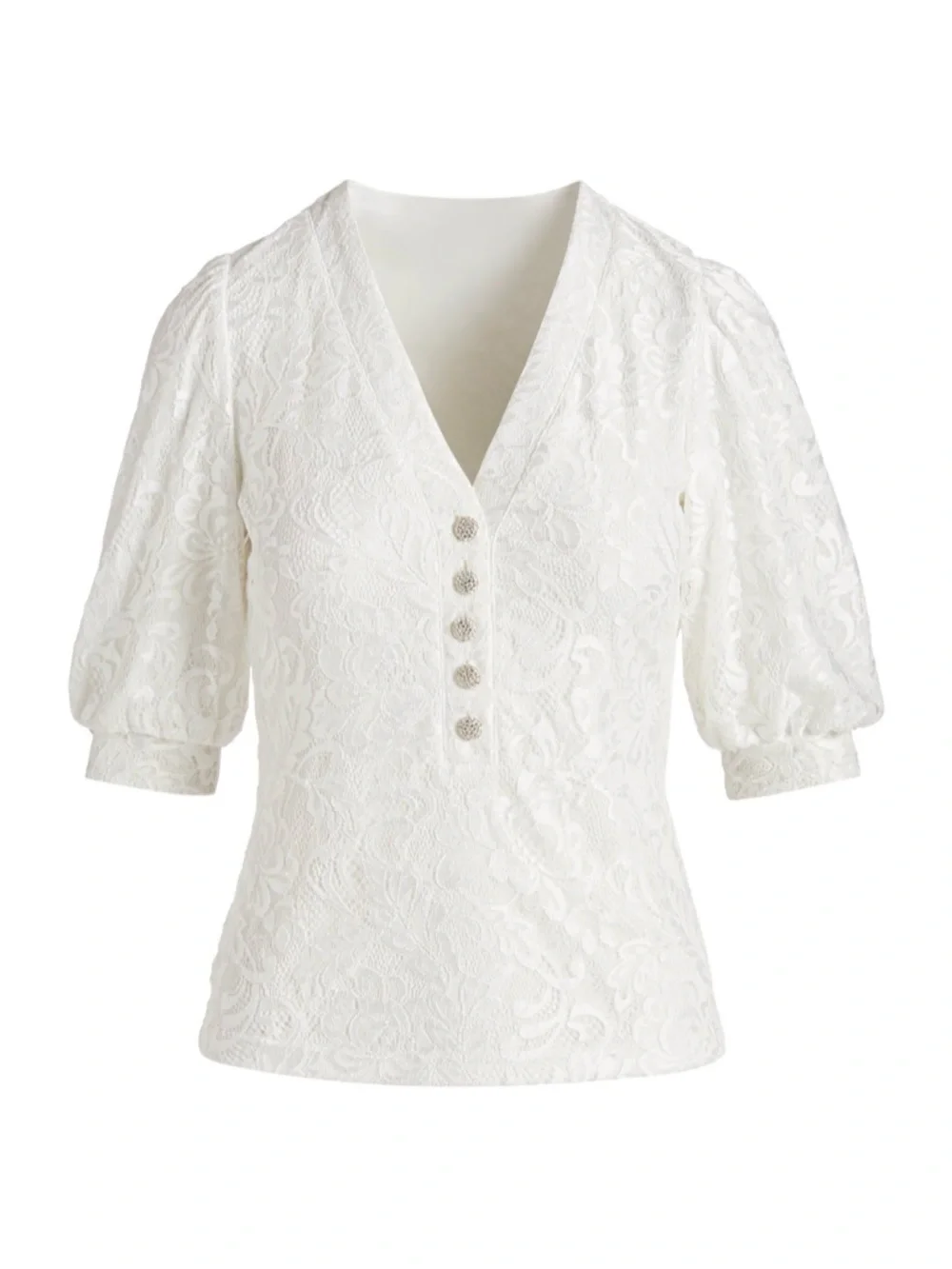 Boston Proper White Lace V-Neck Buttoned Puff Sleeve Blouse - Picture 2 of 3